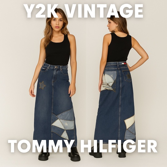 TOMMY JEANS Y2K Star Patch Denim Maxi Skirt Sz 25 - Vintage Patchwork Streetwear - Picture 1 of 14